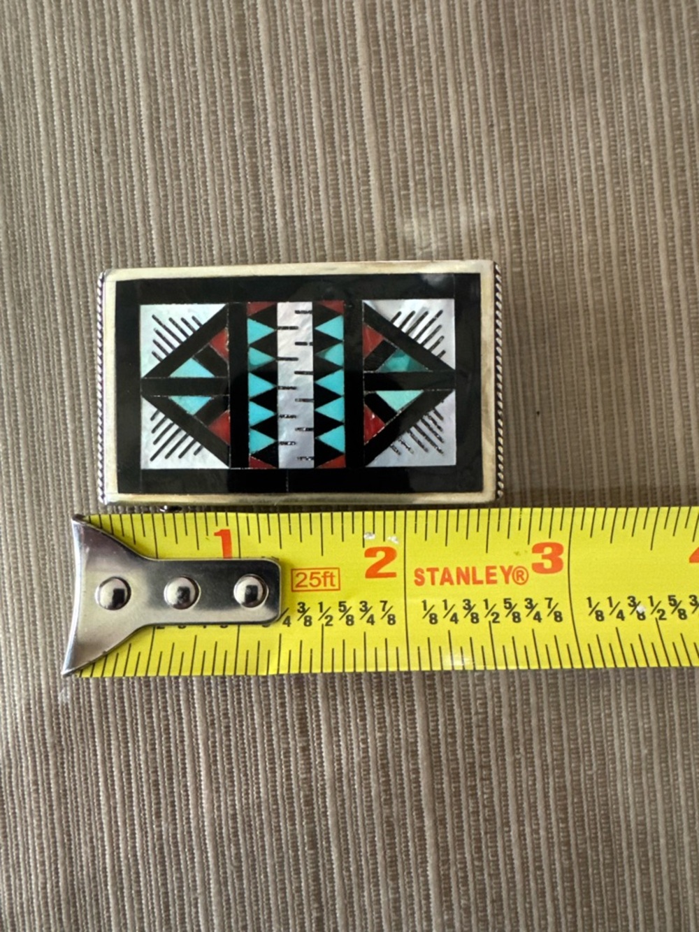 Geometric Inlay Rectangular Belt Buckle in Turquoise, Red & Black - Picture 4 of 4
